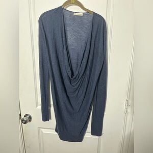 Hinge Angora Fine Knit Sheer Long Sleeve Drape Front Top Tunic Slim Fit Blue Med